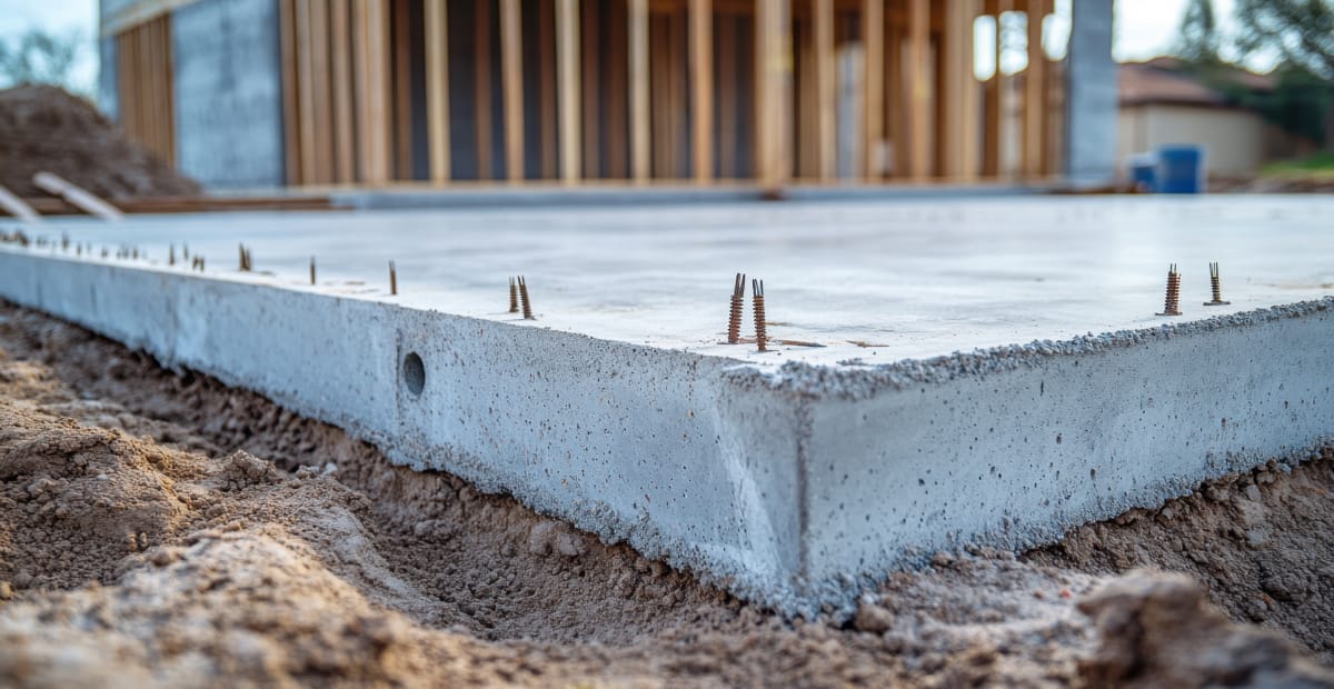 Concrete foundation slab with exposed screws.