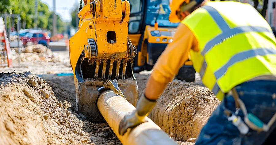 Construction worker guiding pipe with excavator.
