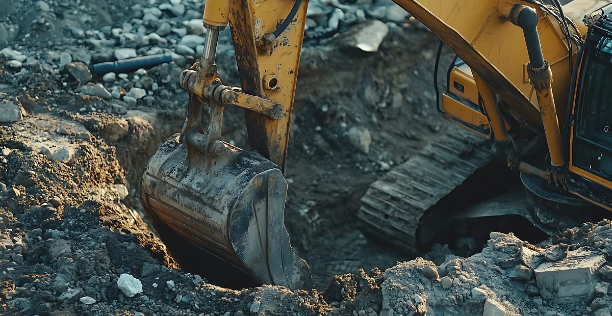 Excavator digging in rocky terrain at construction site.