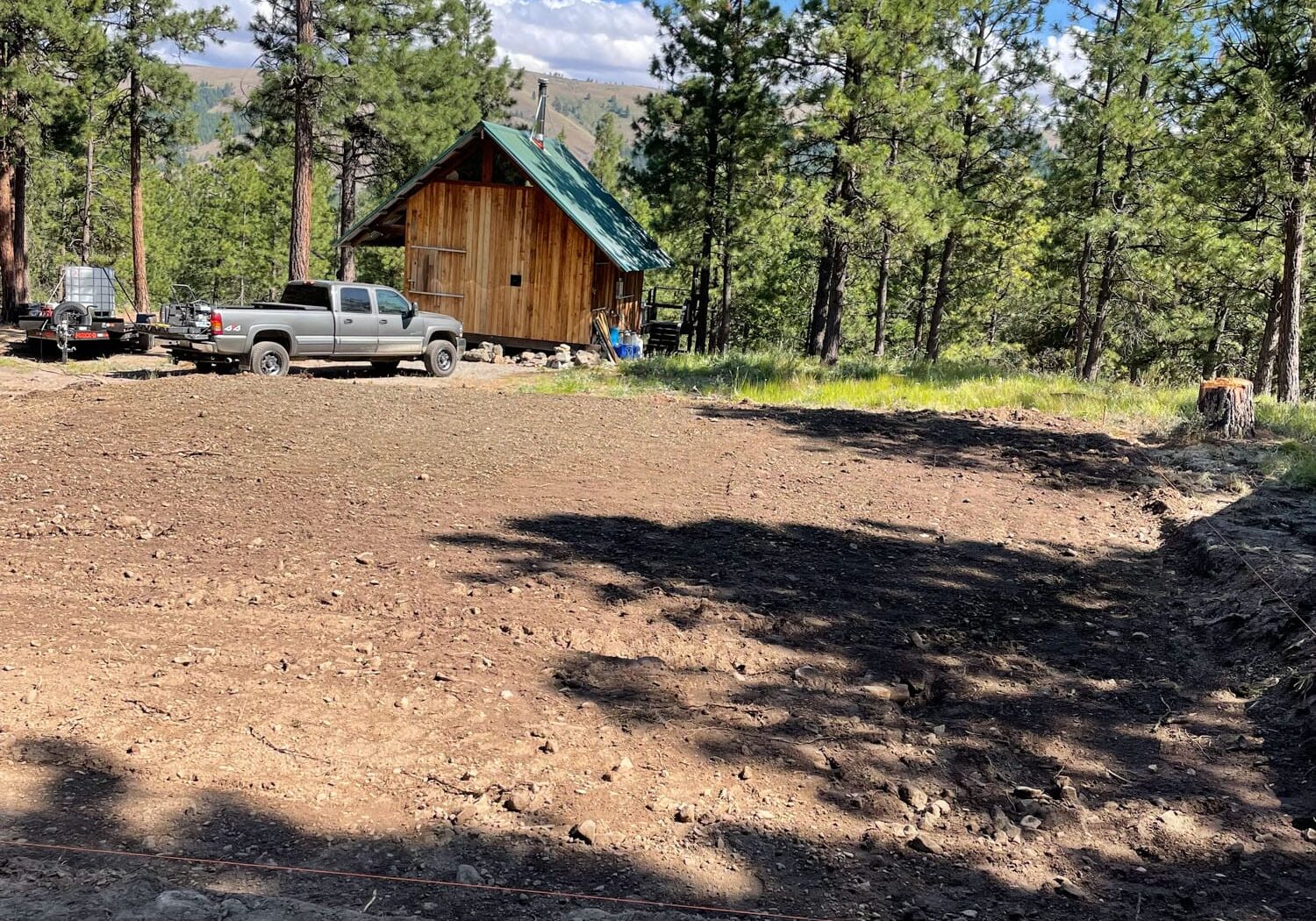 Rustic cabin and truck in forest clearing.